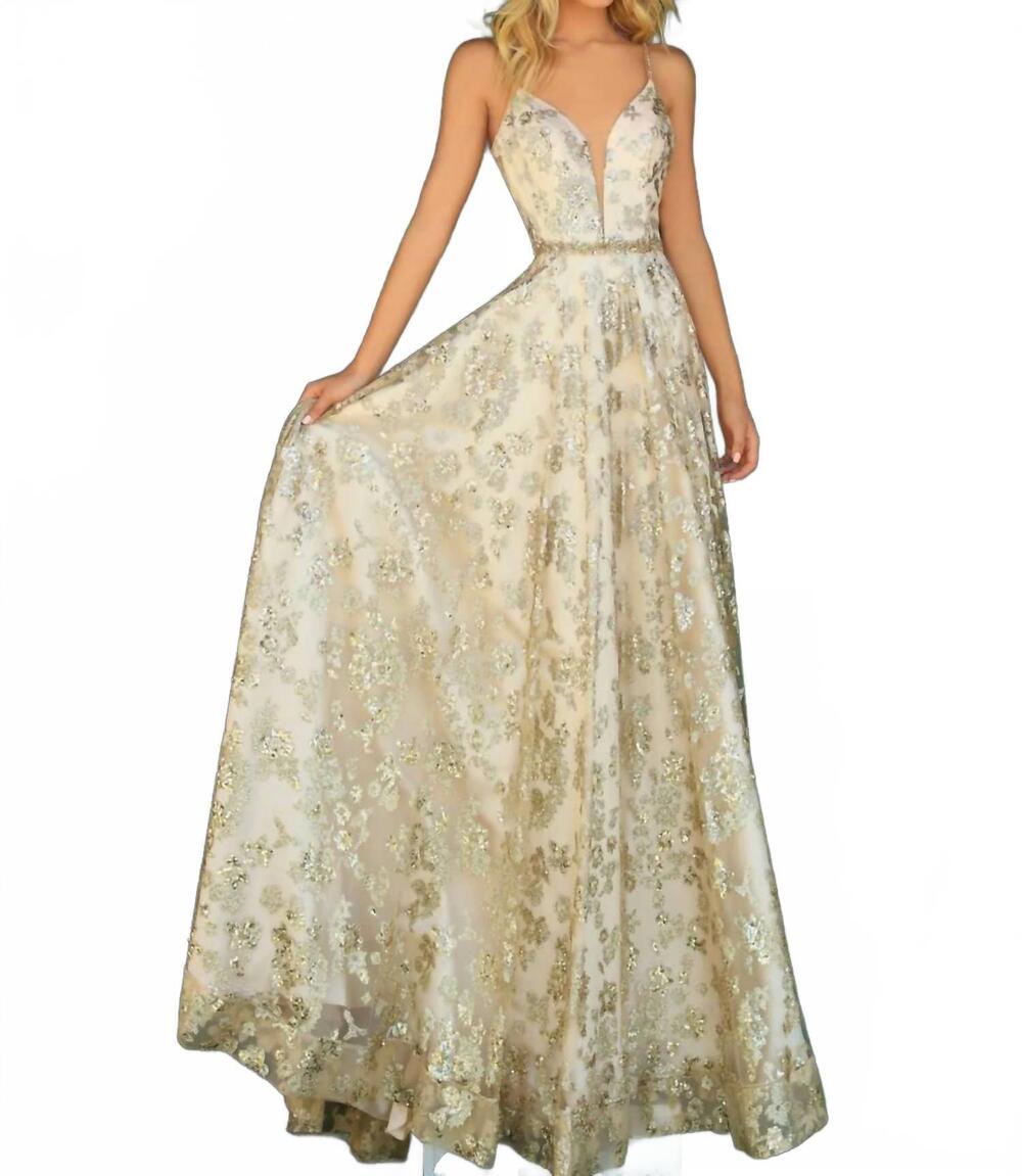 NEW CLARISSE v-neck aline glitter sequins print prom dress in gold/nude